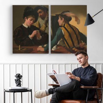 The Cardsharps by Caravaggio - two-panel canvas displayed in a reading room