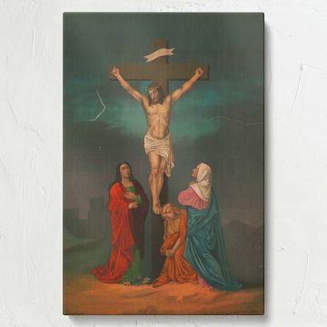 Jesus on the cross framed wall art, a detailed Christian artwork illustrating the Crucifixion, a classic religious painting perfect for traditional home decor, Catholic chapels, or spiritual meditation spaces in faith-centered environments.