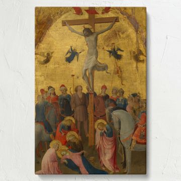 Framed Christian artwork of Jesus on the cross, a detailed gold-toned Renaissance painting symbolizing faith and sacrifice, museum-quality canvas print ideal for sacred spaces, prayer rooms, or theological study areas.