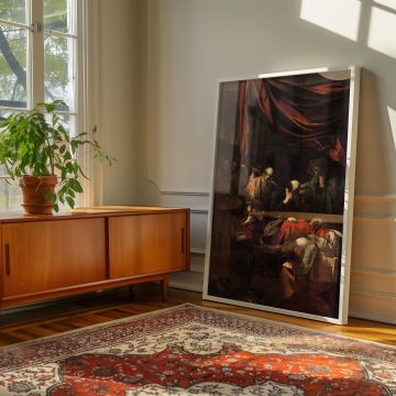 Religious canvas wall art capturing the death of the Virgin Mary with Caravaggio's trademark realism, where apostles bow their heads and shadows envelop the space, emphasizing the painting's emotional gravity and spiritual resonance.