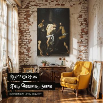 Religious canvas wall art print of The Flagellation of Christ by Caravaggio, showing the tortured figure of Jesus surrounded by shadowed tormentors, representing sacrifice and divine endurance in a moving example of sacred baroque painting.