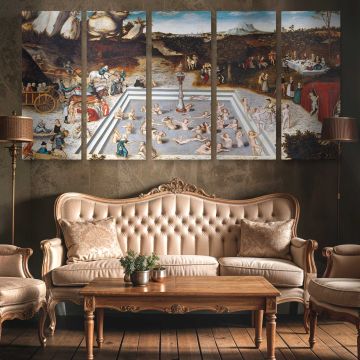 The Fountain of Youth by Lucas Cranach — three-panel canvas in a lounge