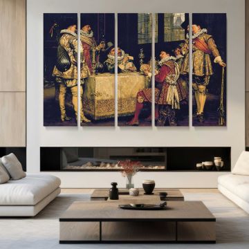 The Game of Cards by Adolphe Alexandre Lesrel - multi-panel canvas displayed in a modern living room