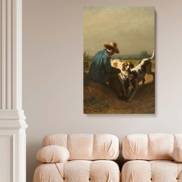 High-quality framed canvas print of The Gamekeeper by Constant Troyon, a 19th-century pastoral masterpiece showcasing a hunter and his dogs, professionally printed for rustic home decor, lodge-style spaces, or classic hunting art collections.