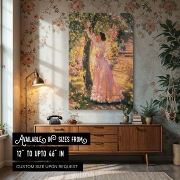 A richly detailed garden scene is captured in "The Garden" by Ethel Walker, now available as a canvas wall print showing a woman standing gracefully in sun-drenched floral surroundings. Her pink dress glows with reflected light, and the gentle movement in