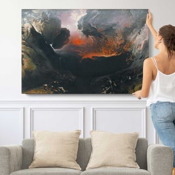 The Great Day of His Wrath by John Martin - single-panel canvas shown with a person for scale