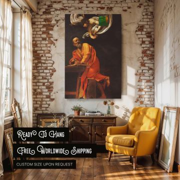 Baroque canvas wall art reproduction of The Inspiration of Saint Matthew by Caravaggio showing the gospel author receiving divine instruction from a youthful angel, surrounded by deep shadows and radiant light for spiritual and classical elegance.