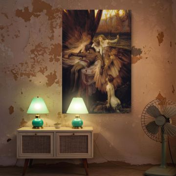 Canvas wall print of Draper's "The Lament for Icarus," filled with vivid emotional tones and dramatic mythological imagery. Icarus lies unconscious, draped in gold-tinted wings as three elegant nymphs lean over him in grief. A rocky shoreline and warm sun