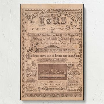 Museum-quality Last Supper of Our Lord framed canvas print, a detailed vintage religious artwork featuring ornate typography, a timeless Christian decor piece ideal for chapels, devotional spaces, churches, or classic faith-based home interiors.