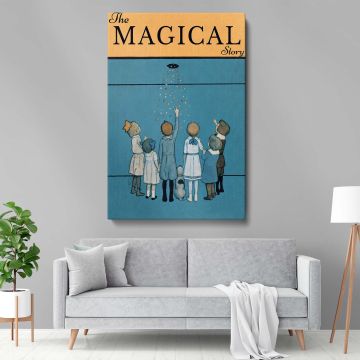 Enchanting wall canvas design of children reaching for golden sparkles in the air with a serene blue background, including a cute dog, perfect for evoking a sense of childhood wonder and magic as a decorative element for your home.