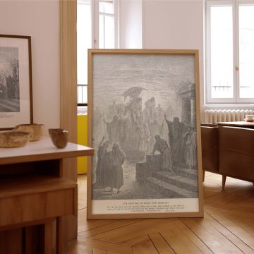 This wall canvas reflects a moment of fulfillment in Genesis 24:65 as Rebekah approaches Isaac in an atmosphere of scriptural solemnity and reverence, captured by Gustave Dore with masterful use of contrast, line, and setting to honor biblical purpose rat