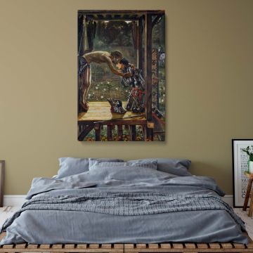 Museum-quality religious painting on canvas, displaying Burne-Jones's intricate depiction of a medieval knight embraced by Christ, a deeply symbolic and sophisticated fine art print for traditional, historical, or faith-inspired home decor.