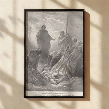 This canvas wall art portrays the miraculous catch of fish from John 21:6 with Jesus instructing the disciples, their net bursting with fish, beautifully engraved by Gustave Dore to reflect themes of faith, abundance, and spiritual trust for sacred home d