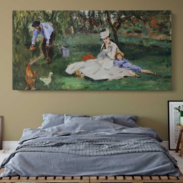 The Monet Family in Their Garden at Argenteuil by Edouard Manet — single-panel canvas above a bed with blue bedding