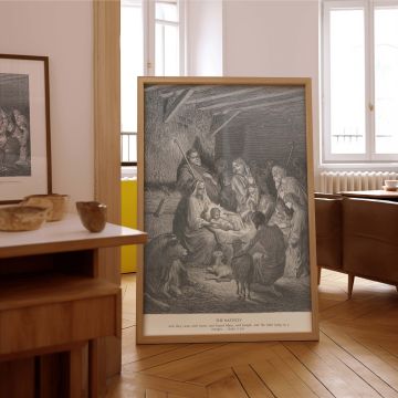 Dore's The Nativity comes to life in this canvas wall art, featuring detailed etching of the holy family and awe-filled shepherds gathered around baby Jesus, with stunning composition and classic religious ambiance perfect for Christmas or sacred year-rou