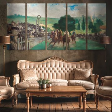 The Races at Longchamp by Edouard Manet — three-panel canvas in a lounge