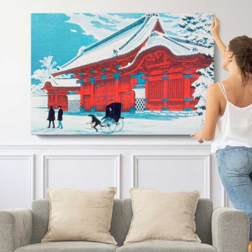 The Red Gate of Hongo in Snow - single-panel canvas shown with a person for scale