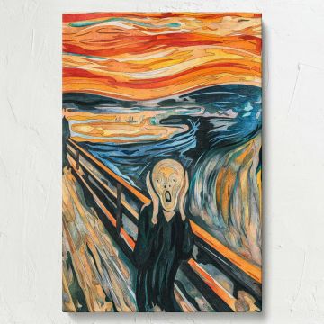 Edvard Munch's The Scream framed wall art, a visually striking Expressionist masterpiece with vivid orange and red skies, deep blues, and a haunting figure, a must-have art print for lovers of surrealist, Expressionist, and modern home decor.