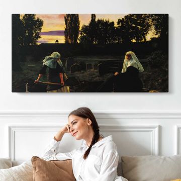 The Vale of Rest by John Everett Millais — single-panel canvas shown above a seated person