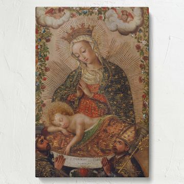 The Virgin Adoring the Christ Child religious painting canvas print, an inspiring and detailed Spanish Colonial artwork capturing the beauty of faith, perfect for traditional Catholic decor, Marian devotion, and elegant church or chapel interiors.