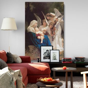 The Virgin of the Angels canvas print, a stunning neoclassical painting by William-Adolphe Bouguereau, featuring the Virgin Mary with baby Jesus surrounded by angels, perfect for religious home decor, prayer rooms, or church wall art.