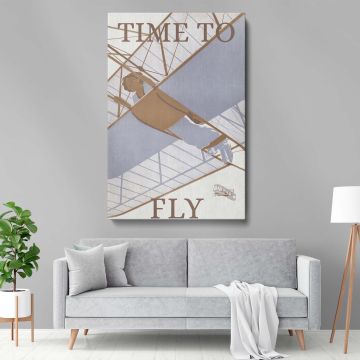 Timeless wall canvas featuring a historic biplane flown by a daring aviator in muted tones, complemented by the text "Time to Fly," celebrating the freedom and thrill of flight in a nostalgic and adventurous artistic design.
