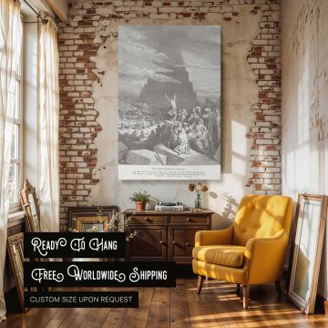 In this stunning canvas wall art, Gustave Dore captures the moment of divine intervention during the construction of the Tower of Babel, where humanity is scattered and speech confused, framed by expressive figures and a monumental tower reaching into the
