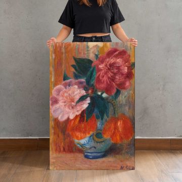 Tulips and Peonies in Pitcher (1914–1915) by William James Glackens canvas print, canvas shown with a person for scale