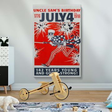 July 4 Independence Day wall canvas featuring Uncle Sam in a dynamic running pose with a vintage aesthetic, patriotic stars, bold stripes, and a vibrant red background with celebratory fireworks symbolizing American pride and history.