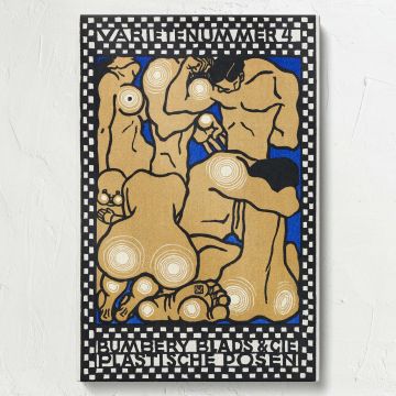 Antique graphic poster reproduction on framed canvas, featuring Bumbery Blads & Cie in expressive poses, a vintage European print by Moriz Jung, blending avant-garde design with performance art aesthetics, ideal for collectors and enthusiasts.