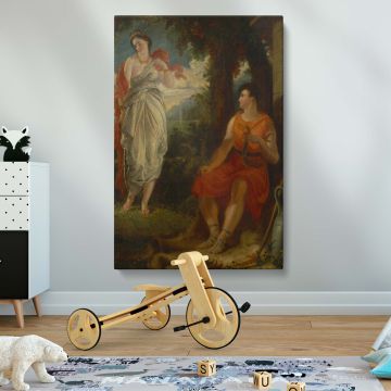 Mythology wall art print of Venus and Anchises, a captivating historical painting depicting the love between a goddess and mortal, printed on high-quality canvas for home decor, classical interiors, or office spaces with artistic inspiration.