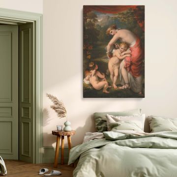 Elegant classical painting of Venus embracing Cupid, printed on durable museum-quality canvas, capturing the goddess of love in a tender moment, perfect for romantic interiors, neoclassical decor, or luxury bedroom wall art.