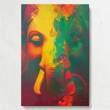 Hindu Lord Ganesha framed wall art featuring a glowing abstract artistic representation with bold trident details, an intricately designed spiritual painting ideal for prayer rooms, meditation centers, and home temple decor.