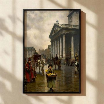 High-quality wall canvas print of a Victorian London scene titled "St Martin-in-the-Fields" by William Logsdail. This historical painting captures the charm of 19th-century city life with fine architectural detail, including the iconic church and its towe