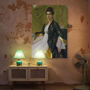 Victorian canvas wall print of Mrs Ernest Moon painted by William Blake Richmond, showcasing her in a regal dark robe embroidered with gold, accompanied by soft flowing white fabric and a green backdrop. Her serene expression and composed presence highlig
