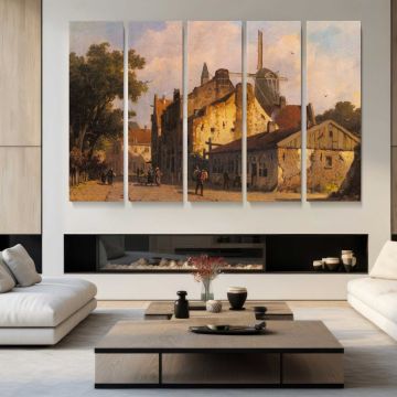 Village Scene with A Windmill by Adrianus Eversen - multi-panel canvas displayed in a modern living room