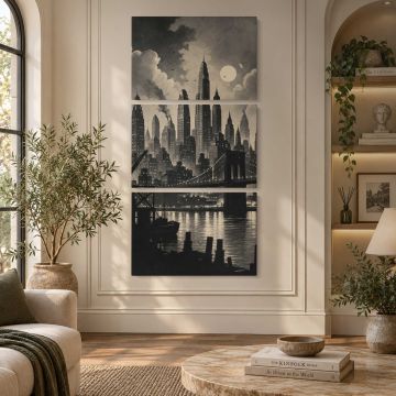 Vintage cityscape with skyscrapers and bridge under a full moon canvas print, interior display view