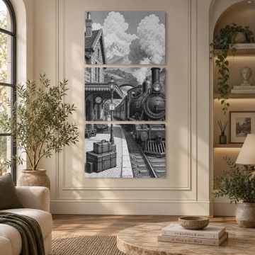 Vintage steam train station fantasy canvas print, interior display view