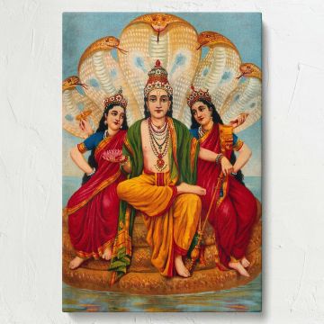 Chromolithograph depicting Lord Vishnu seated on Shesha the serpent, flanked by Lakshmi and Bhudevi, painted in vibrant colors and intricate patterns symbolizing divine love, protection, and balance in a serene water setting.