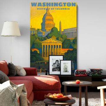 Vintage wall canvas showing Washington DC landmarks including the Capitol Lincoln Memorial and Washington Monument with bold colors and lush greenery celebrating the beauty and history of America's capital city in a retro-inspired design.