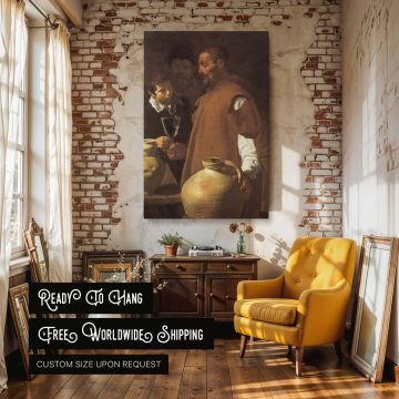 The Waterseller of Seville canvas wall art captures the dignity of everyday labor in Velazquez's masterful composition showing three figures in rich shadow and detail, a perfect wall print for traditional libraries, hallways, or vintage-inspired home sett