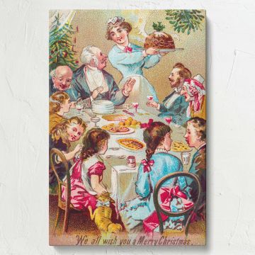 Nostalgic Christmas dinner scene canvas print, a charming 19th-century holiday artwork featuring a festive meal, vintage-inspired wall art, museum-quality reproduction, perfect for seasonal home decor, classic Christmas lovers, or collectors.