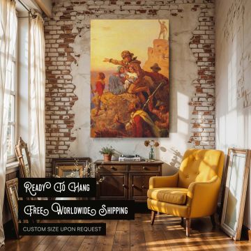"Westward the Course of Empire" by Emanuel Leutze depicts a moment of triumph in the westward expansion of America, with vibrant figures of pioneers traversing rugged landscapes. The bold and colorful scene is filled with determination and the promise of 