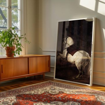Canvas wall art reproduction of Velazquez's horse portrait capturing grace and poise with minimal surroundings and a dramatic baroque style, emphasizing the animal's posture and symbolic strength in a historic composition.