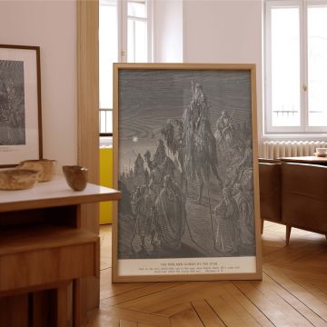 In this religious canvas wall art, Dore's illustration of the Wise Men traveling across the land under the guidance of a heavenly star is filled with depth and majesty, capturing both the grandeur of the kings and the mystery of divine navigation.