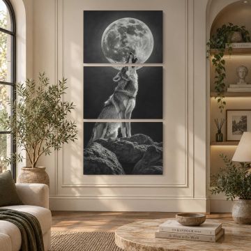 Wolf Howling at a Full Moon canvas print, interior display view
