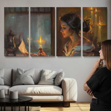 Woman by Candlelight by Daniel Gerhartz — three-panel canvas above a sofa