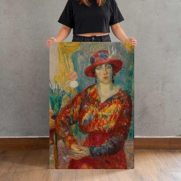 Woman in Red Blouse with Tulips by William James Glackens canvas print, canvas shown with a person for scale
