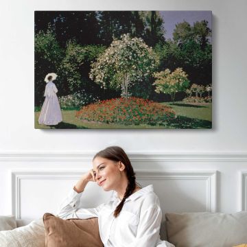 Woman in the Garden. Sainte-adresse by Claude Monet - single-panel canvas displayed above a sofa