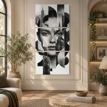 Woman’s Face Merged with Cityscapes canvas print, interior display view